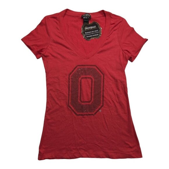 Gameday Couture Tops - Ohio State University Gameday Couture Red Deep V-Neck Tee Embellished Rhinestone